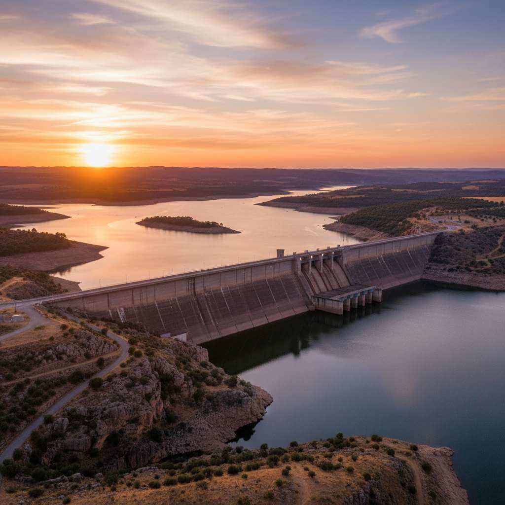 Alqueva dam at sunset in Portugal